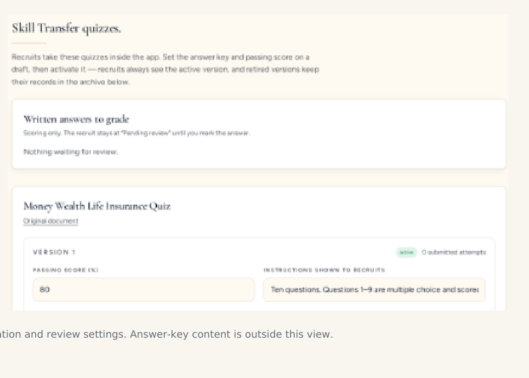 Quiz administration settings with answer-key content excluded