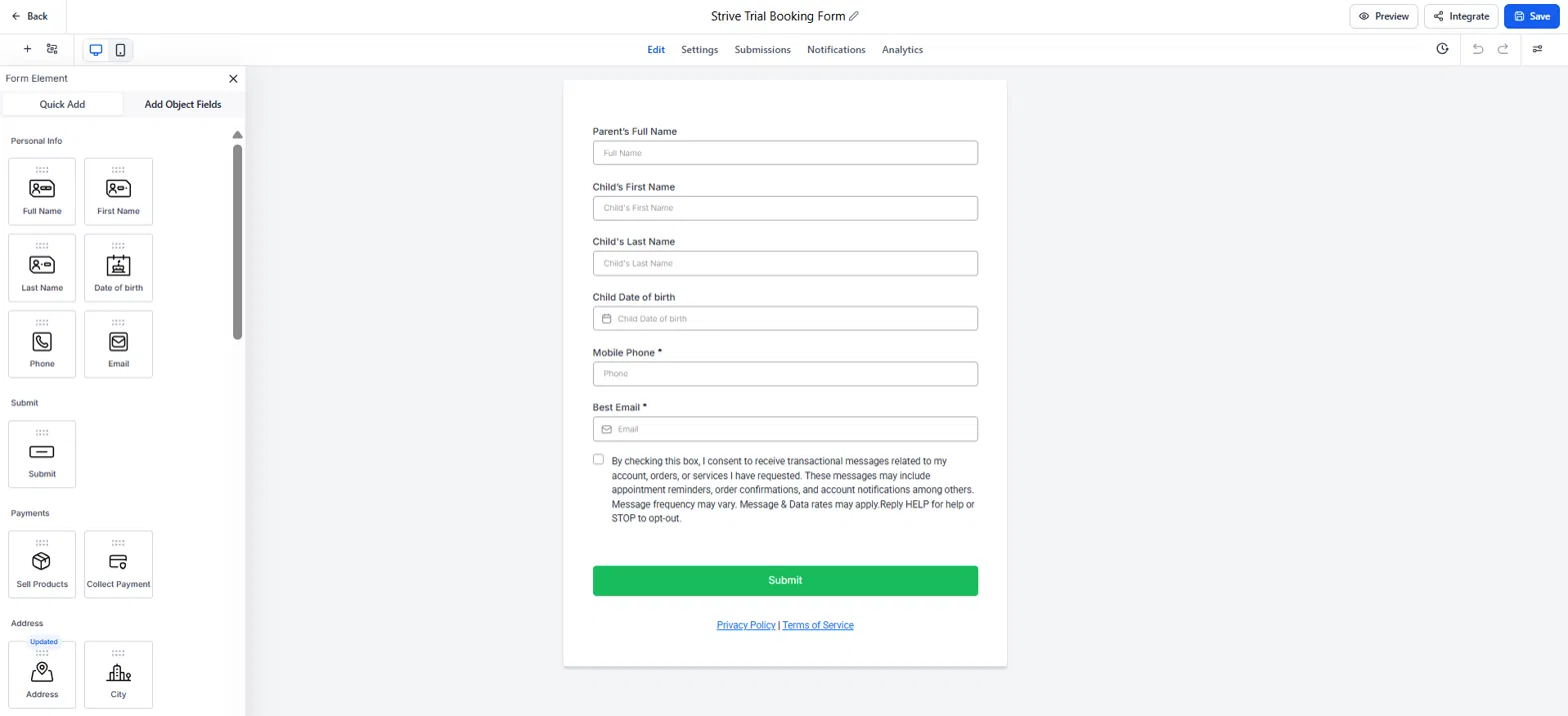Automated player-profile intake form sent after the trial
